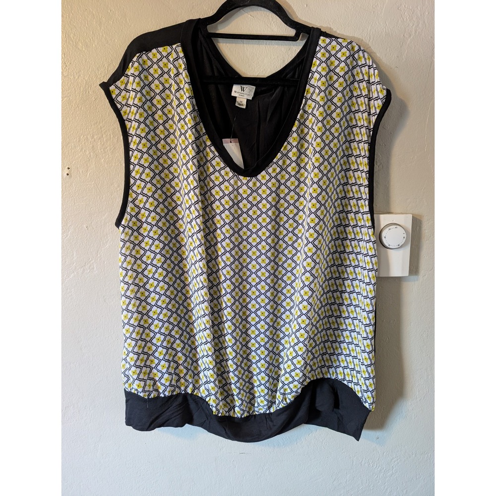 Worthington Woman NWT Blouse 2X Yellow Floral Geometric V Neck Plus Size Top